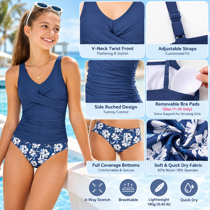 Charmo Girls Tankini Swimsuit 2 Piece V Neck Ruched Teen  Bathing Suit with Removable Pads