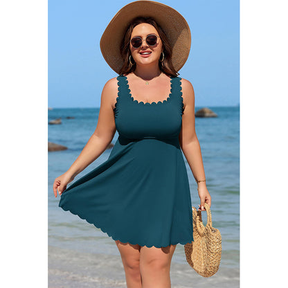 Charmo Women's Plus Size Ribbed Swim Dress Scalloped Square Neck One Piece Swimsuit Tummy Control Bathing Suit Rushed Swim Suits 2026