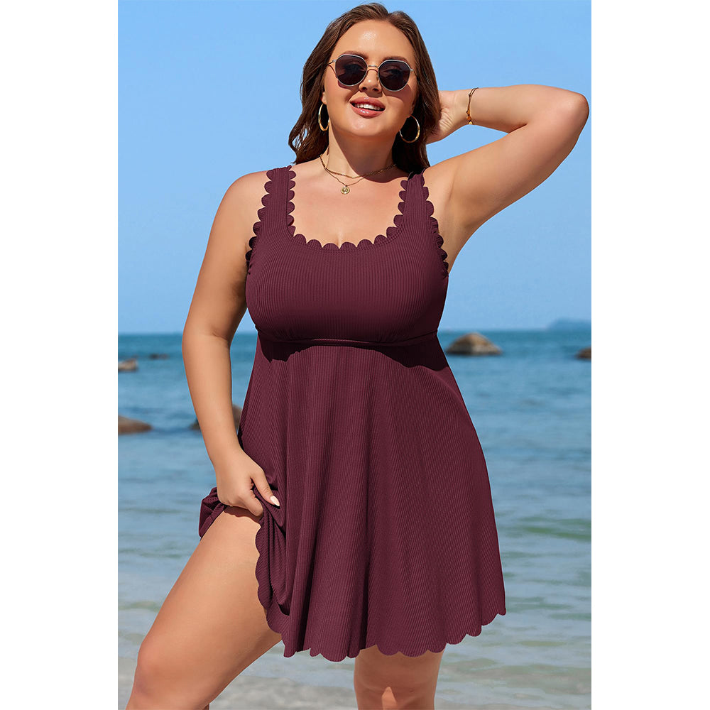 Charmo Women's Plus Size Ribbed Swim Dress Scalloped Square Neck One Piece Swimsuit Tummy Control Bathing Suit Rushed Swim Suits 2026