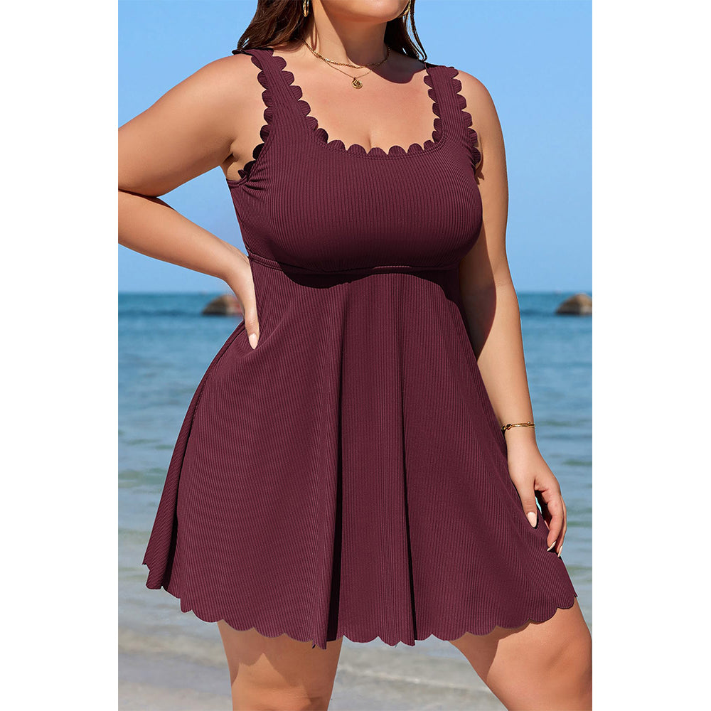 Charmo Women's Plus Size Ribbed Swim Dress Scalloped Square Neck One Piece Swimsuit Tummy Control Bathing Suit Rushed Swim Suits 2026