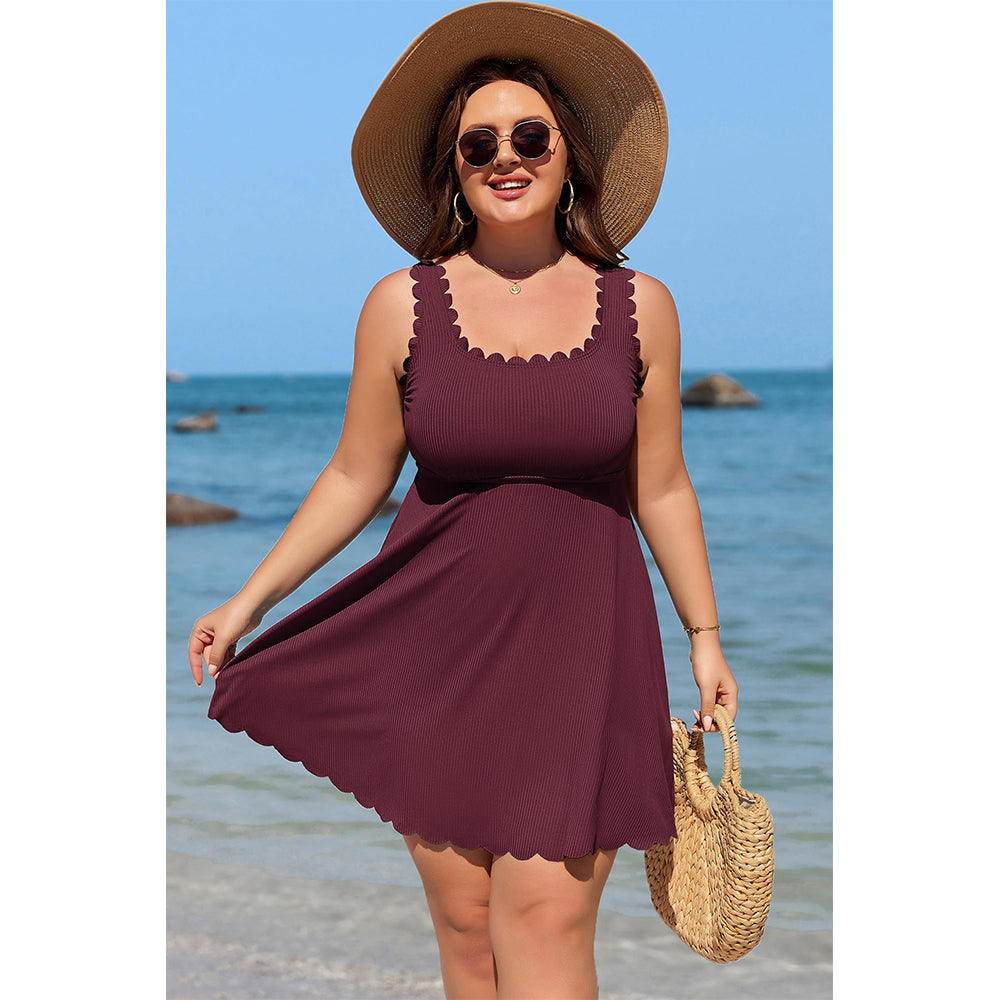 Charmo Women's Plus Size Ribbed Swim Dress Scalloped Square Neck One Piece Swimsuit Tummy Control Bathing Suit Rushed Swim Suits 2026