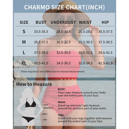 Charmo Women's Scalloped Ribbed Bandeau High Waisted Bikini Set with Removable Straps