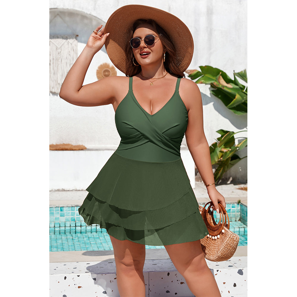Charmo Women's Plus Size Swim Dress Swimsuit Mesh Ruffle One Piece Tummy Control Bathing Suit Front Cross Swim Suits 2026
