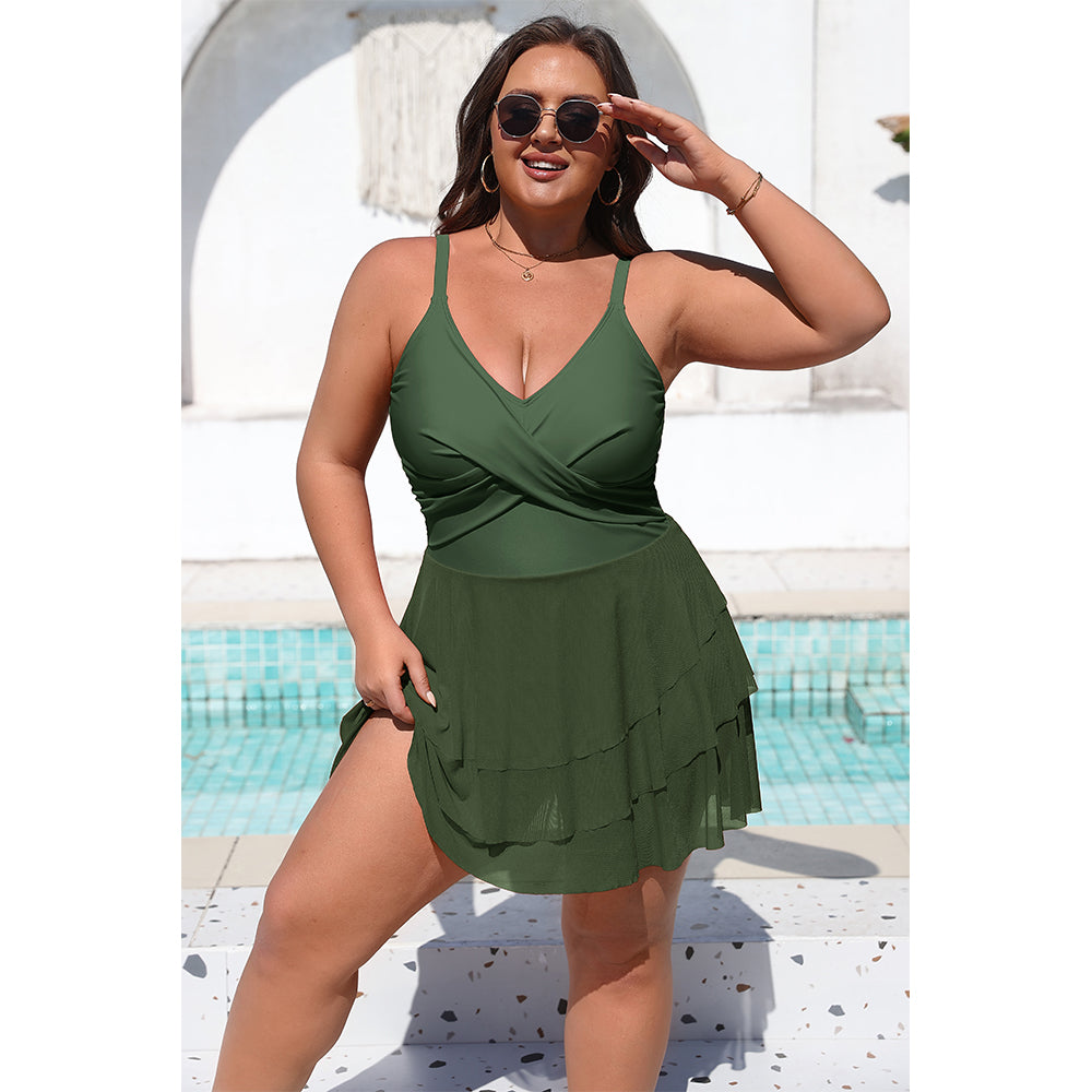 Charmo Women's Plus Size Swim Dress Swimsuit Mesh Ruffle One Piece Tummy Control Bathing Suit Front Cross Swim Suits 2026