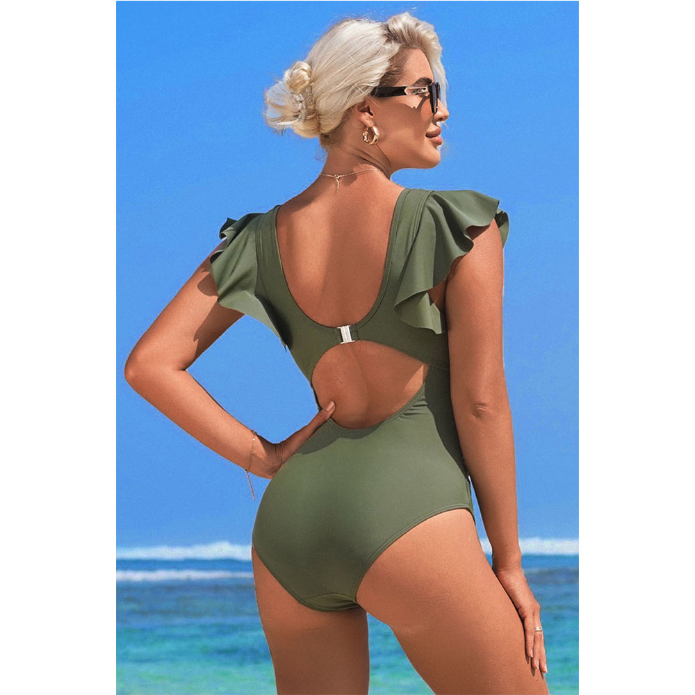 Charmo Women's Ruffled Shoulder One Piece Swimsuit Embellished V-Neck & Back Cutout Bathing Suit