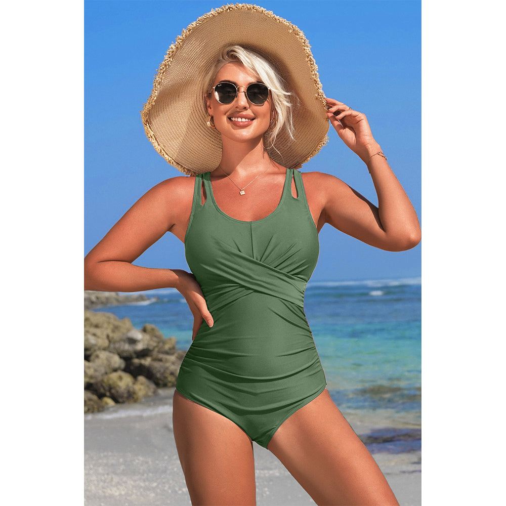 Charmo Women's Cross Front Ruched One Piece Swimsuit Cutout Straps & Back Keyhole Bathing Suit