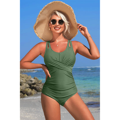 Charmo Women's Cross Front Ruched One Piece Swimsuit Cutout Straps & Back Keyhole Bathing Suit