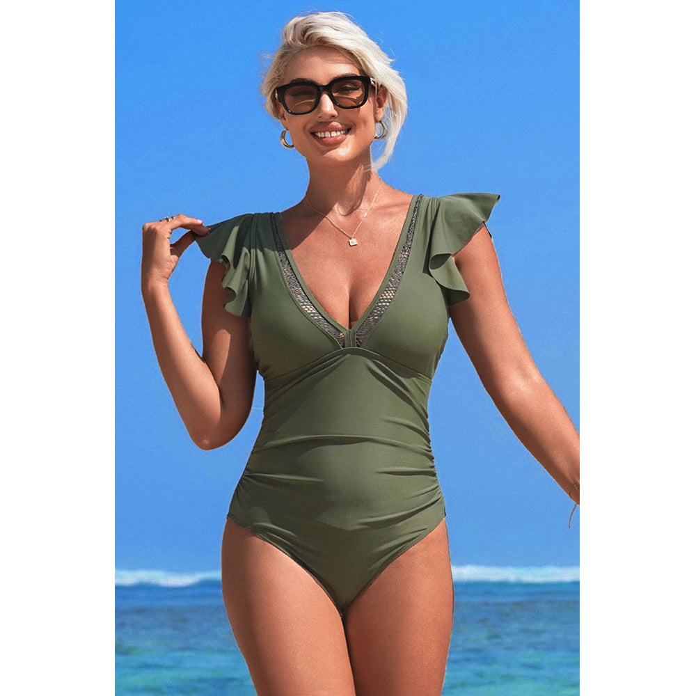 Charmo Women's Ruffled Shoulder One Piece Swimsuit Embellished V-Neck & Back Cutout Bathing Suit