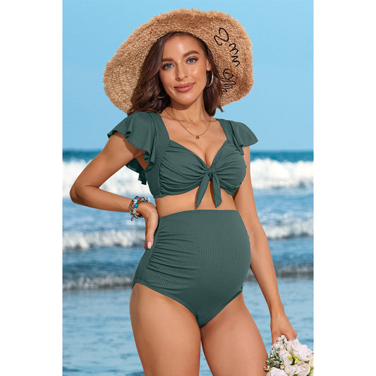 Charmo Women's Ribbed Ruffle Sleeves Ruched Convertible Neckline Maternity Bikini Set Pregnancy Two-Piece Swimsuit Set With Back Tie
