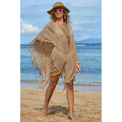 Charmo Women's Open Knit Fringe Cover Up with Sheer Design & Tassel Details Beach Swimwear