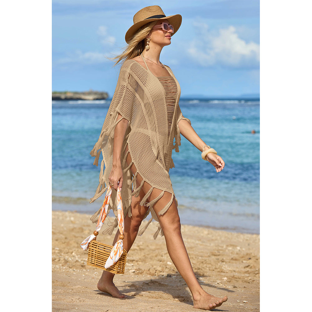 Charmo Women's Open Knit Fringe Cover Up with Sheer Design & Tassel Details Beach Swimwear