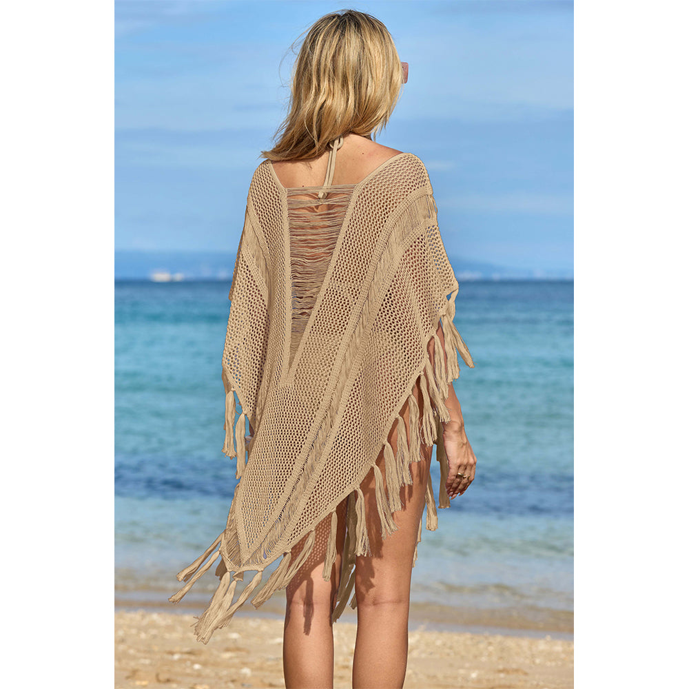 Charmo Women's Open Knit Fringe Cover Up with Sheer Design & Tassel Details Beach Swimwear
