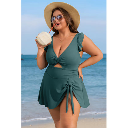 Charmo Women's Ruffle Ribbed Plus Size Swimdress One Piece Swimsuit High Waisted Tummy Control Bathing Suit