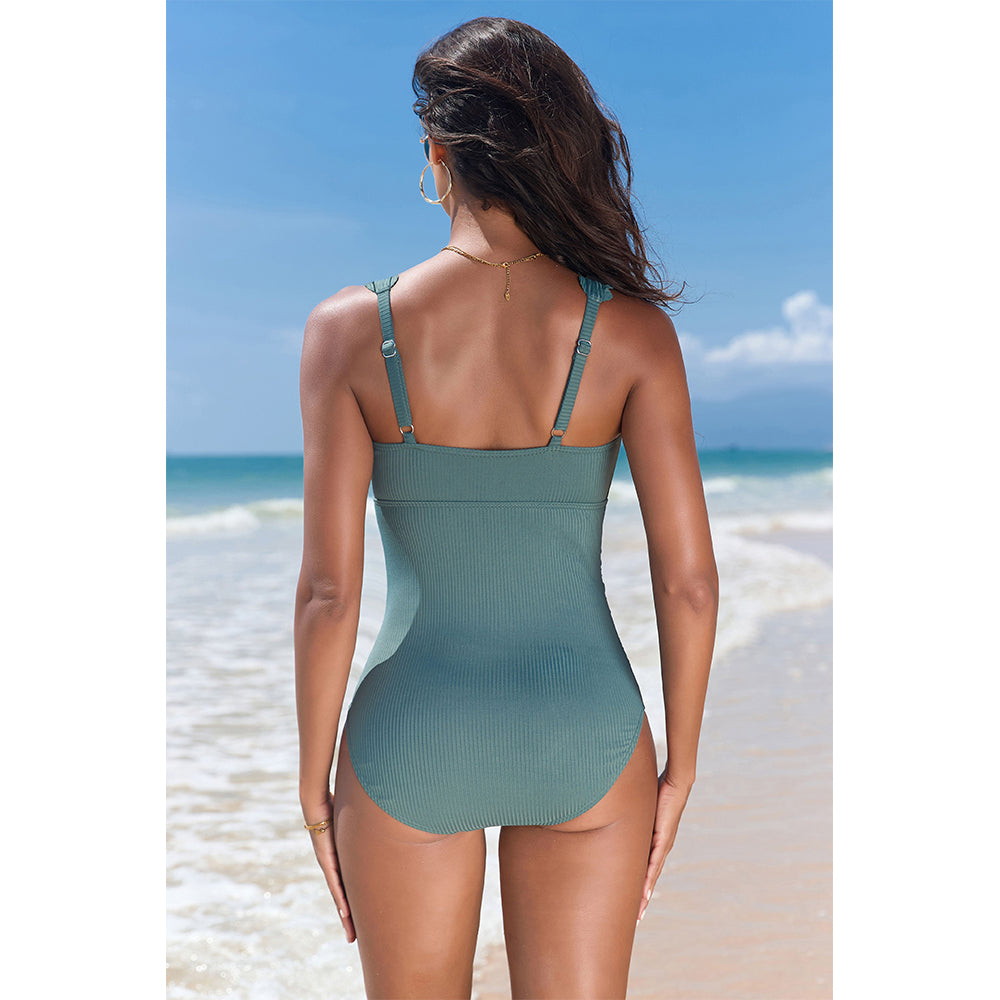 Charmo Women's Ribbed Scalloped Neck Ruched One Piece Swimsuit with Adjustable Straps