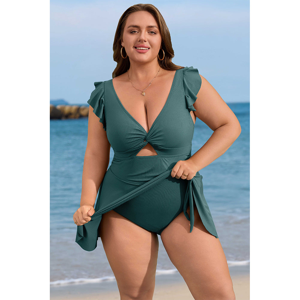Charmo Women's Ruffle Ribbed Plus Size Swimdress One Piece Swimsuit High Waisted Tummy Control Bathing Suit
