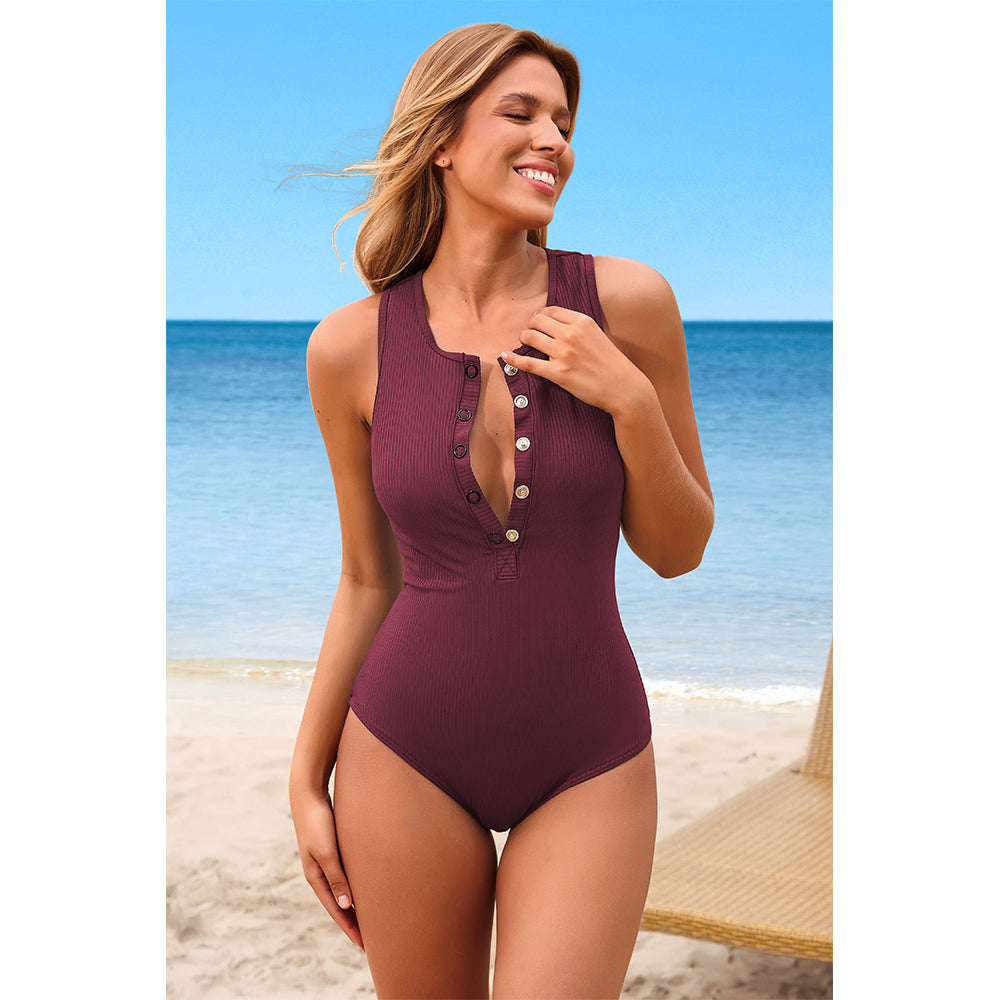 Charmo Women's Ribbed Swimsuits Button Racerback Rashguard Long Torso One Piece Bathing Suit