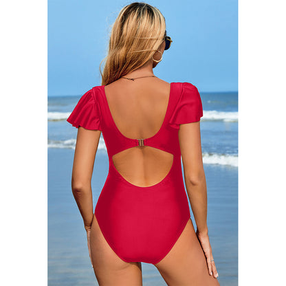 Charmo Women's Ruffled Short Sleeve One Piece Swimsuit Embellished V Neck & Back Cutout Bathing Suit