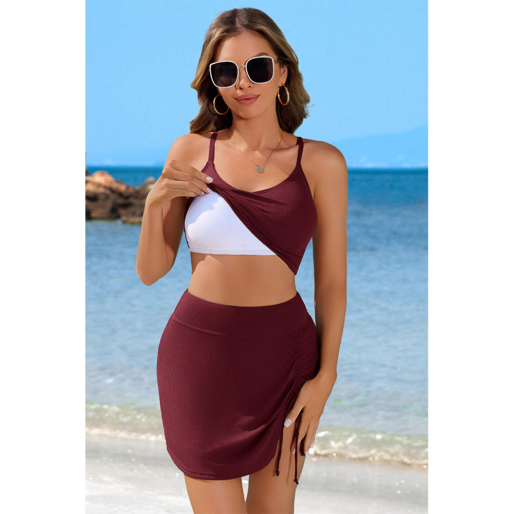 Women's Ribbed Sporty Two-Piece Swim Set with Crop Top & Flared Skirt Bottom Bikini Set