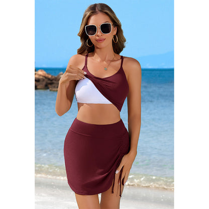 Women's Ribbed Sporty Two-Piece Swim Set with Crop Top & Flared Skirt Bottom Bikini Set