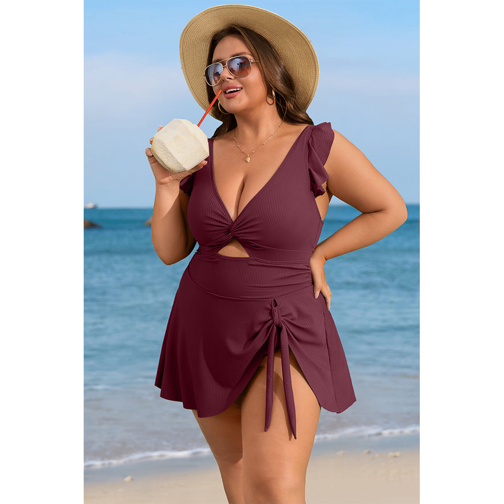 Charmo Women's Ruffle Ribbed Plus Size Swimdress One Piece Swimsuit High Waisted Tummy Control Bathing Suit