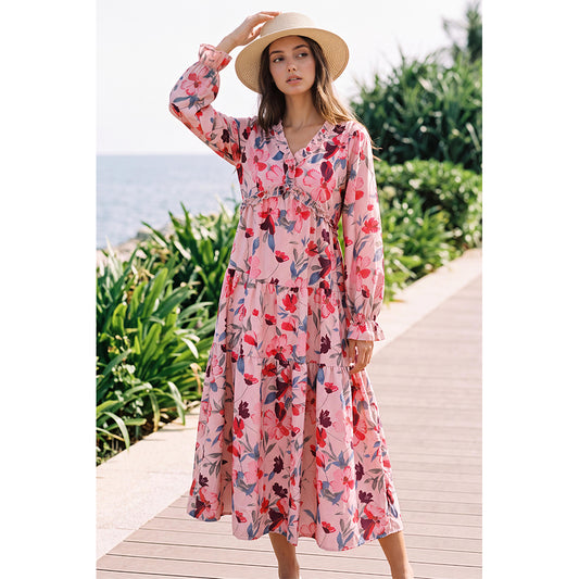 Attraco Women's Floral Print Maxi Dress Long Sleeve V Neck Ruffle Tiered Dress