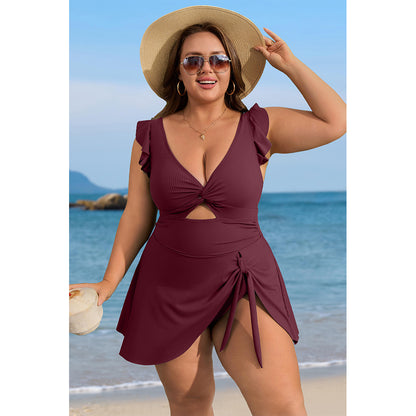 Charmo Women's Ruffle Ribbed Plus Size Swimdress One Piece Swimsuit High Waisted Tummy Control Bathing Suit