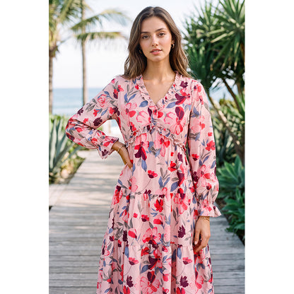 Attraco Women's Floral Print Maxi Dress Long Sleeve V Neck Ruffle Tiered Dress