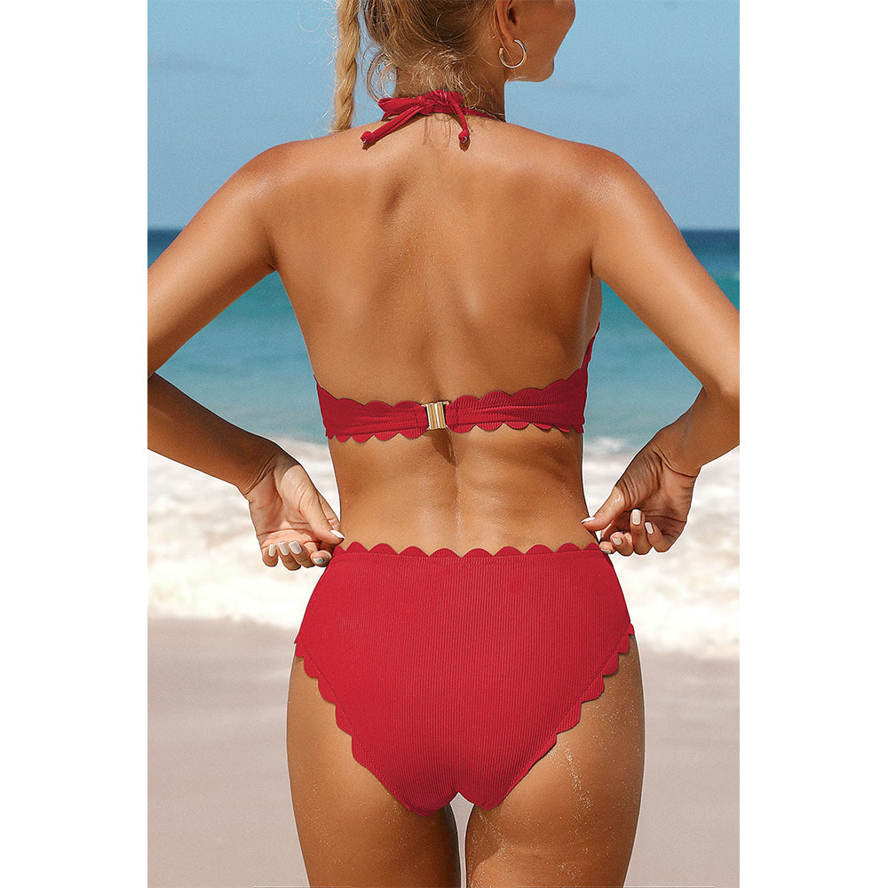 Charmo Women's Scallop Trim Halter Cutout Bikini Set