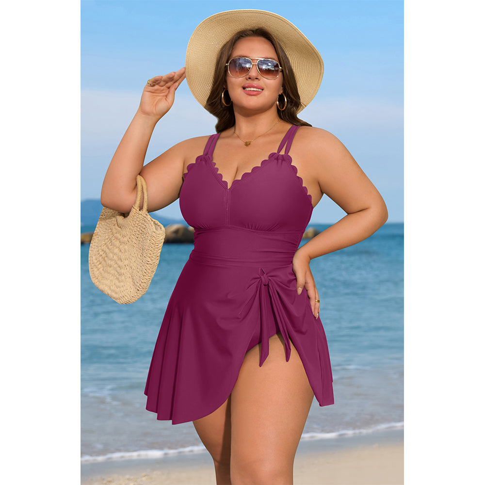 Plus Size Ruched Scalloped Swim Dress-11214