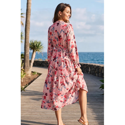 Attraco Women's Floral Print Maxi Dress Long Sleeve V Neck Ruffle Tiered Dress