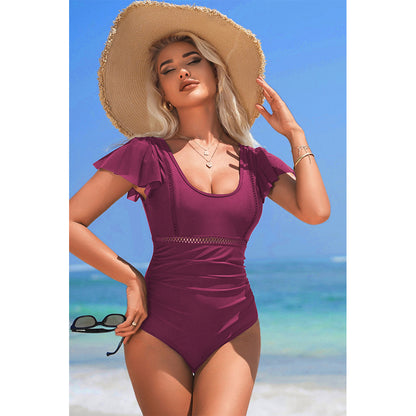 Charmo Women's Ruffled Sleeve One Piece Swimsuit Ruched V Back Tummy Control Bathing Suit