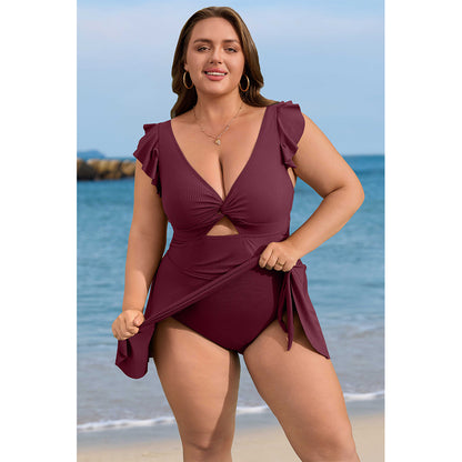 Charmo Women's Ruffle Ribbed Plus Size Swimdress One Piece Swimsuit High Waisted Tummy Control Bathing Suit