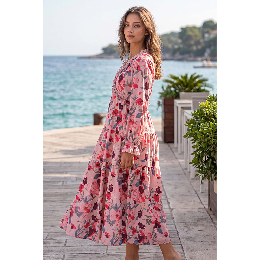 Attraco Women's Floral Print Maxi Dress Long Sleeve V Neck Ruffle Tiered Dress