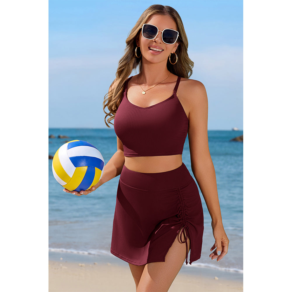 Women's Ribbed Sporty Two-Piece Swim Set with Crop Top & Flared Skirt Bottom Bikini Set