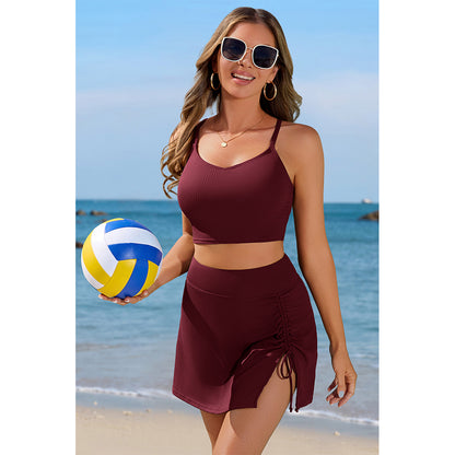 Women's Ribbed Sporty Two-Piece Swim Set with Crop Top & Flared Skirt Bottom Bikini Set
