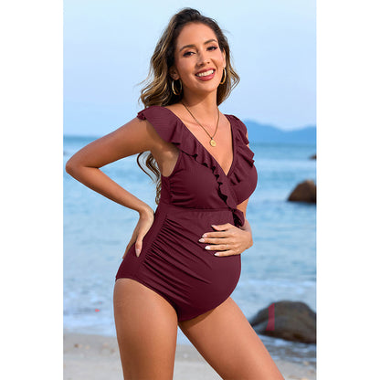 Charmo Women's Ruched Maternity One-Piece Swim Dress: Ruffled Wrap Design for Comfort & Stretch Pregnancy Bathing Suits