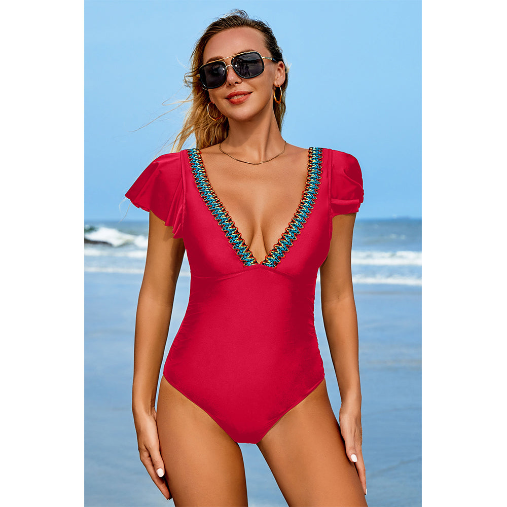 Charmo Women's Ruffled Short Sleeve One Piece Swimsuit Embellished V Neck & Back Cutout Bathing Suit