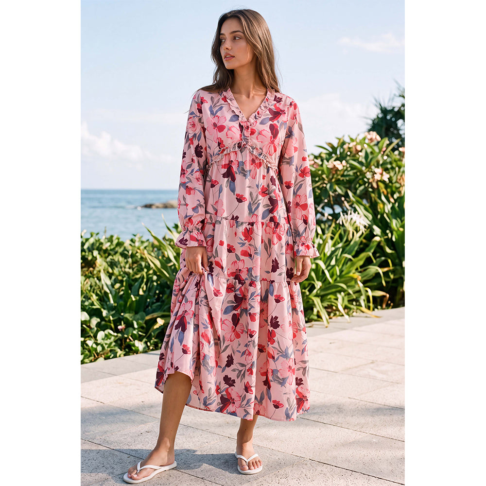 Attraco Women's Floral Print Maxi Dress Long Sleeve V Neck Ruffle Tiered Dress