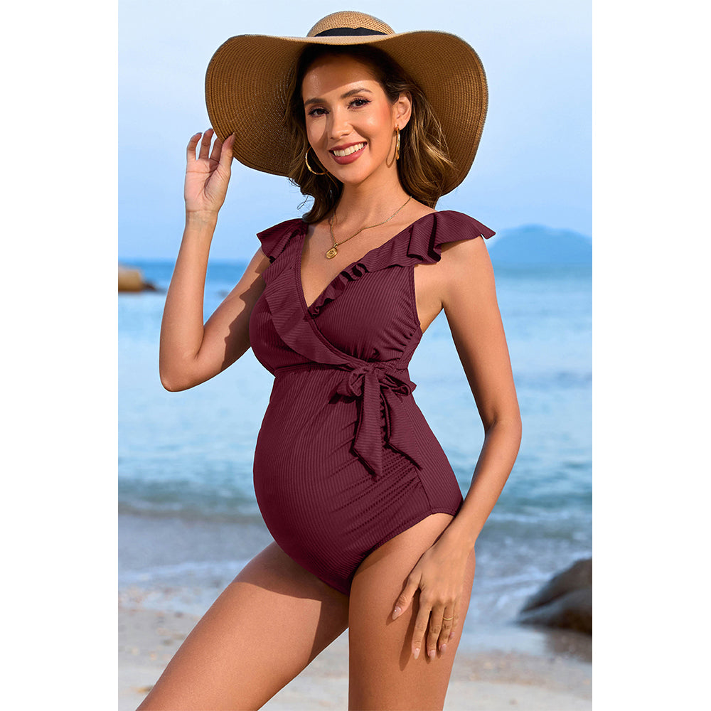Charmo Women's Ruched Maternity One-Piece Swim Dress: Ruffled Wrap Design for Comfort & Stretch Pregnancy Bathing Suits