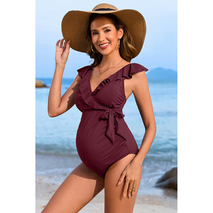 Charmo Women's Ruched Maternity One-Piece Swim Dress: Ruffled Wrap Design for Comfort & Stretch Pregnancy Bathing Suits