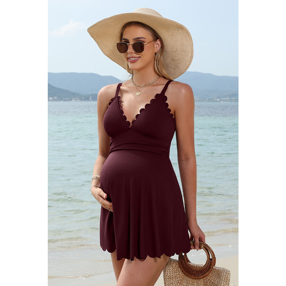 Charmo Women's Ribbed Scalloped Edges One-Piece Swimsuit Dress with Built-In Full Coverage Bottom