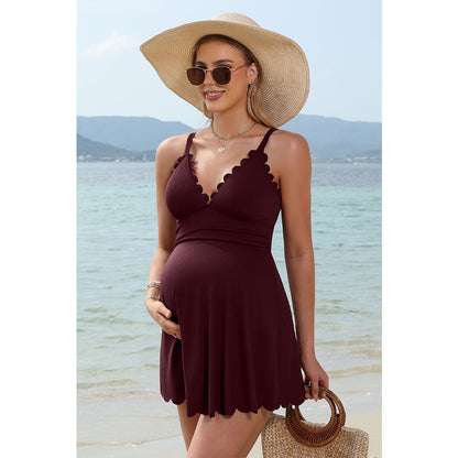 Charmo Women's Ribbed Scalloped Edges One-Piece Swimsuit Dress with Built-In Full Coverage Bottom
