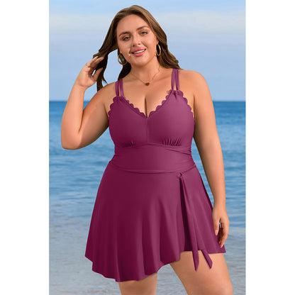 Plus Size Ruched Scalloped Swim Dress-11214