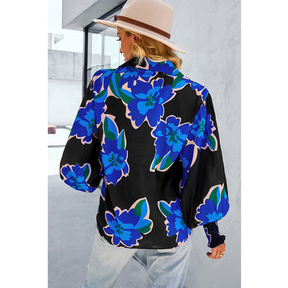 V For City Women's Chic Casual Floral Print Button-Front Shirts Bishop Sleeves Blouse Tops
