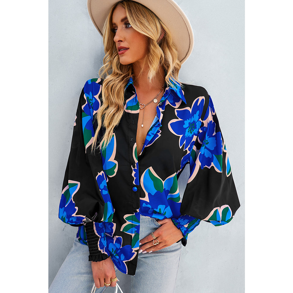 V For City Women's Chic Casual Floral Print Button-Front Shirts Bishop Sleeves Blouse Tops