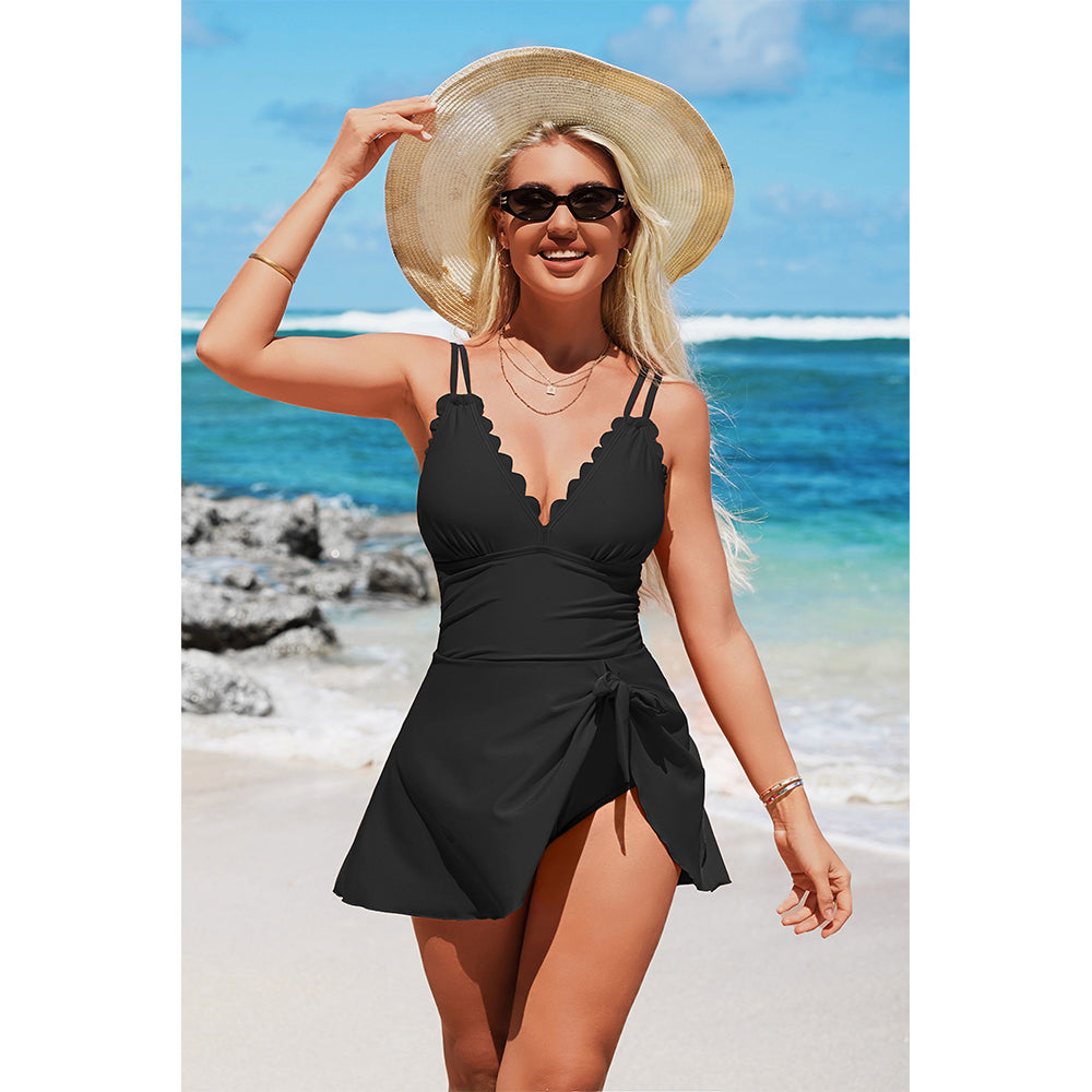 Charmo Women's Scalloped Wrap-Front One Piece Swim Dress Adjustable Tie & Back Bow Detail Swimwear