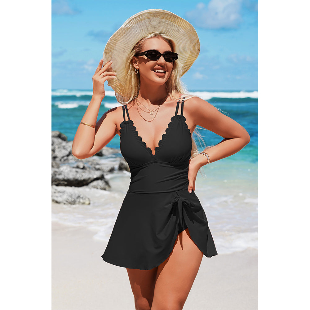 Charmo Women's Scalloped Wrap-Front One Piece Swim Dress Adjustable Tie & Back Bow Detail Swimwear