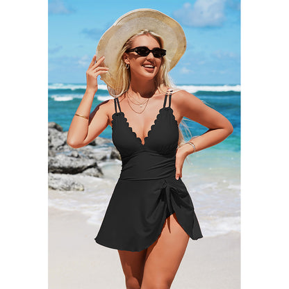 Charmo Women's Scalloped Wrap-Front One Piece Swim Dress Adjustable Tie & Back Bow Detail Swimwear