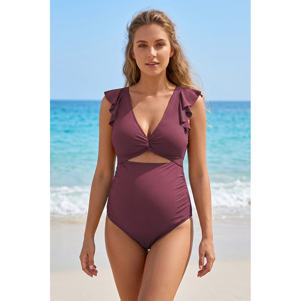 Charmo Women's Maternity One Piece Swimsuit with Ruffle Sleeves, Ribbed V Neck Cutout Tie Back Pregnancy Swimwear