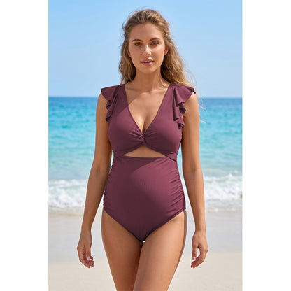 Charmo Women's Maternity One Piece Swimsuit with Ruffle Sleeves, Ribbed V Neck Cutout Tie Back Pregnancy Swimwear